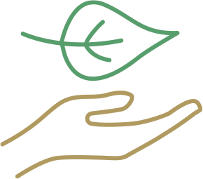 Illustration of hand holding plant leaf.