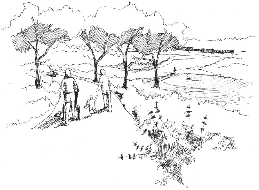 Conceptual Plan Sketch Sketch of a family walking along a path with trees and a river