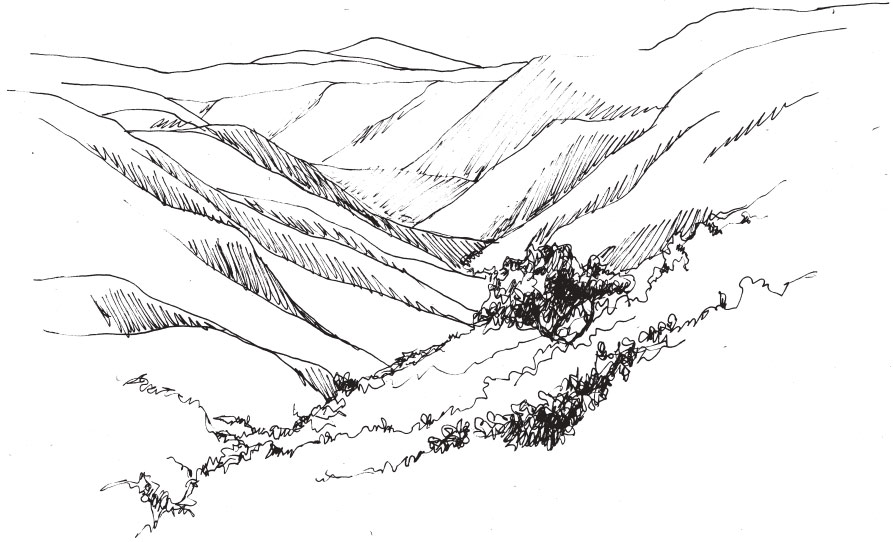 Hillside Sketch Sketch of a valley and mountain range