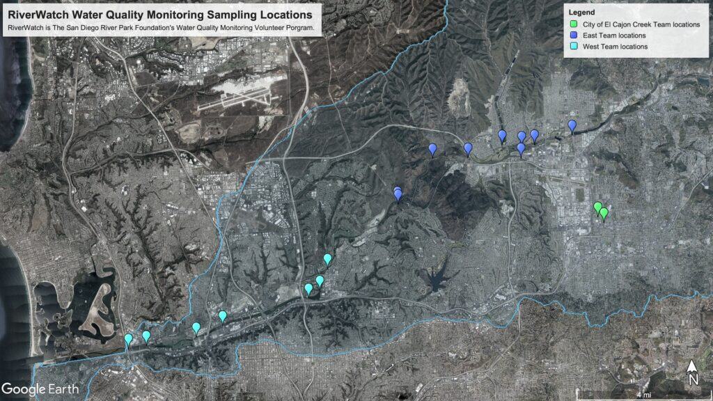 A map showcasing the RiverWatch water sampling locations along the San Diego River