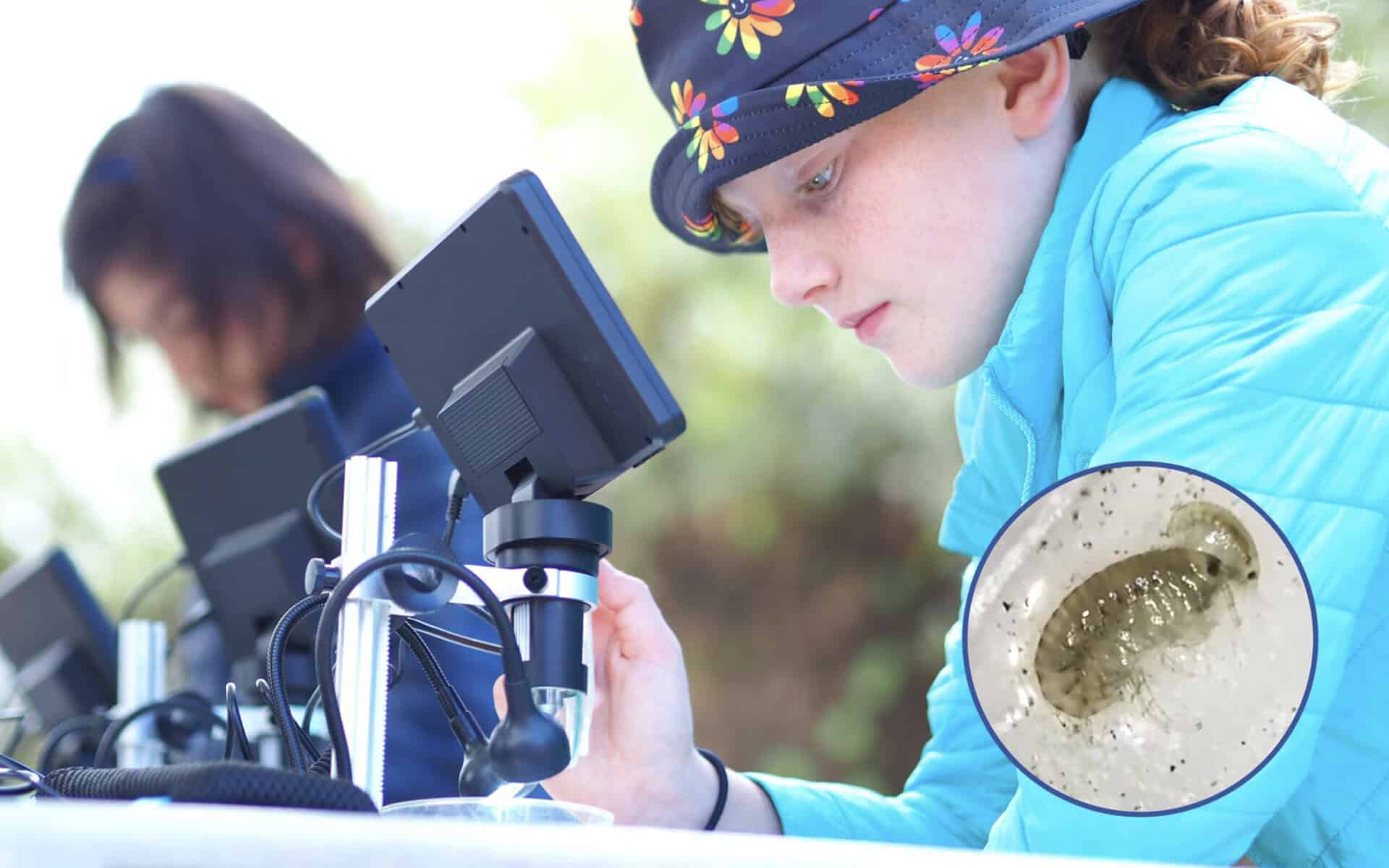 A student observes river water under a microscope