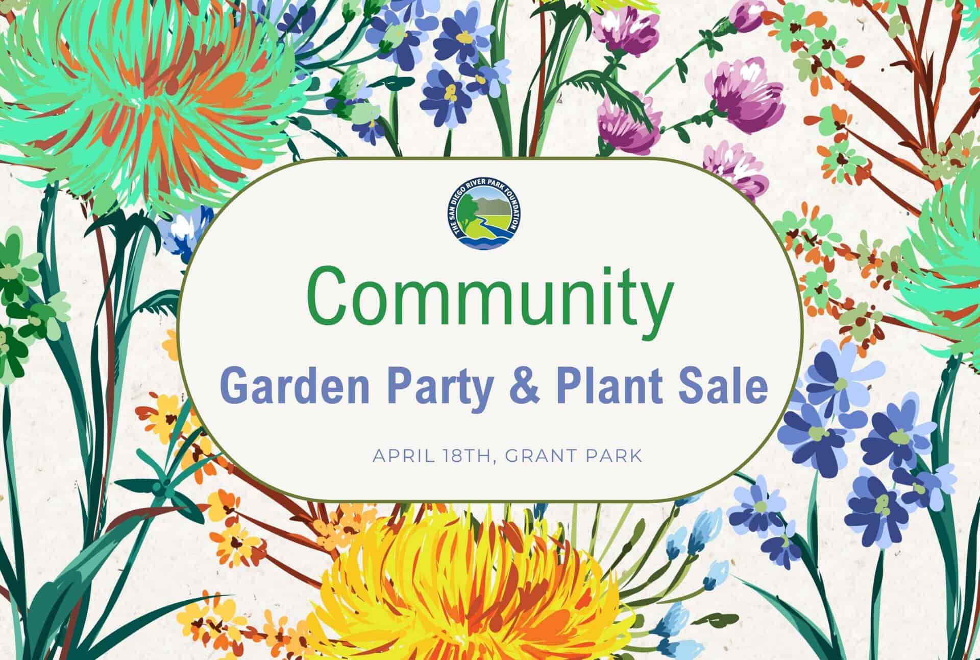 community garden party graphic with flowers