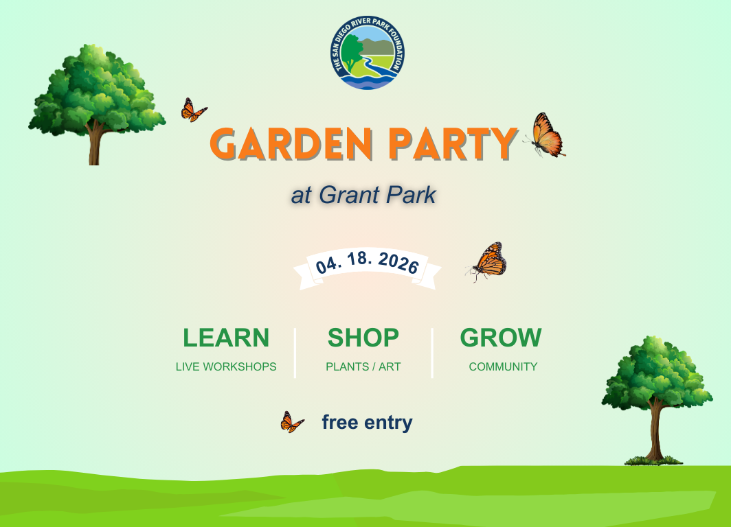 garden party graphic with butterflies and trees saying free entry on 4/18 at Grant Park