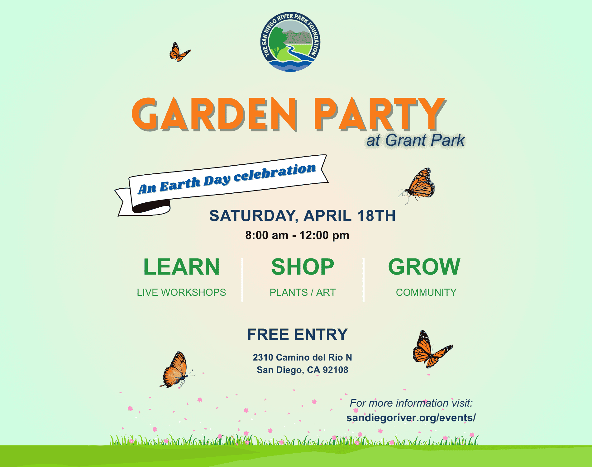 Garden party graphic with butterflies - event is April 18th from 8 am - 12 pm at Grant Park