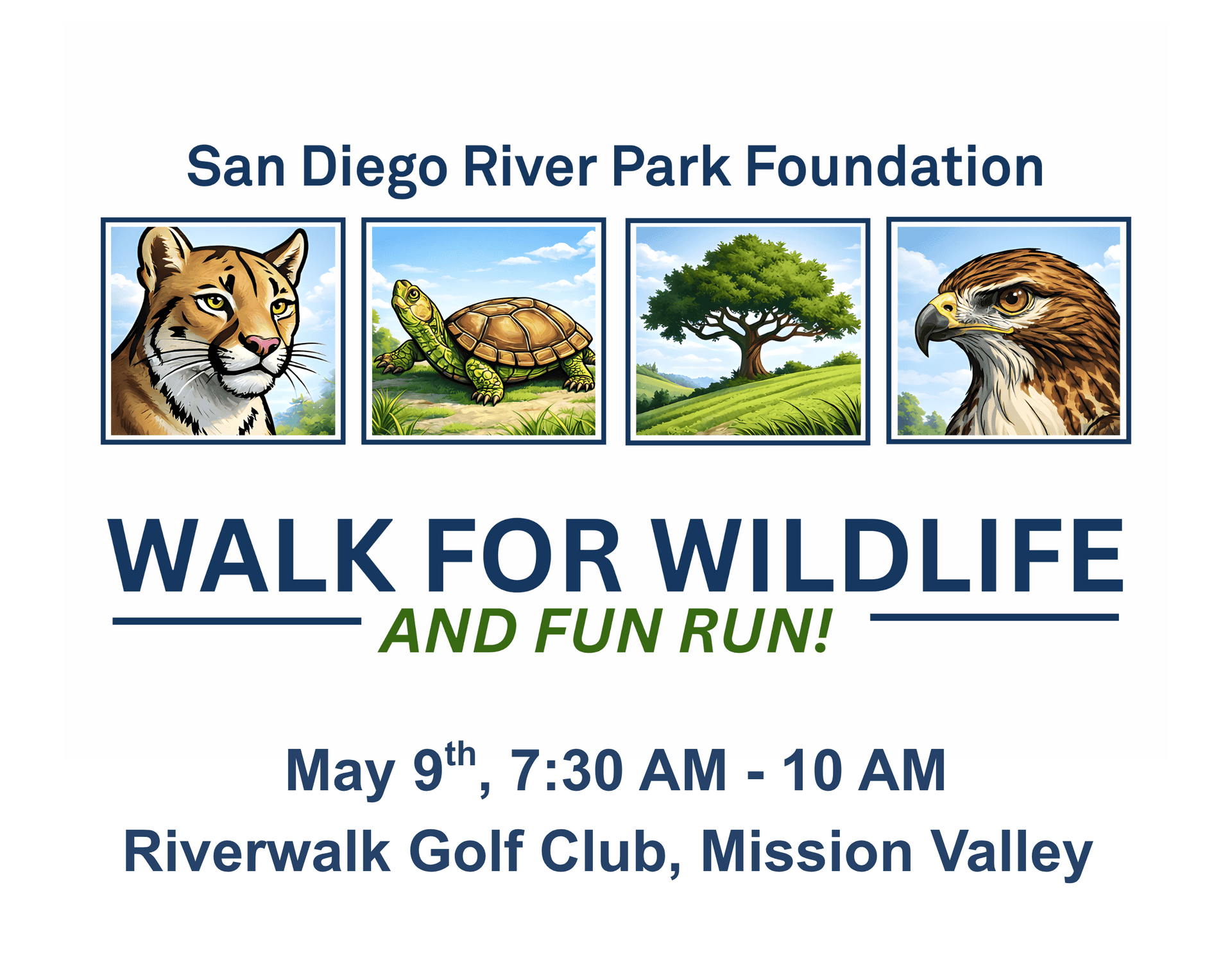 5K logo with animals, Walk for Wildlife and Fun Run will be on May 9th from 7:30 am to 10 am at Riverwalk Golf Club in Mission Valley.