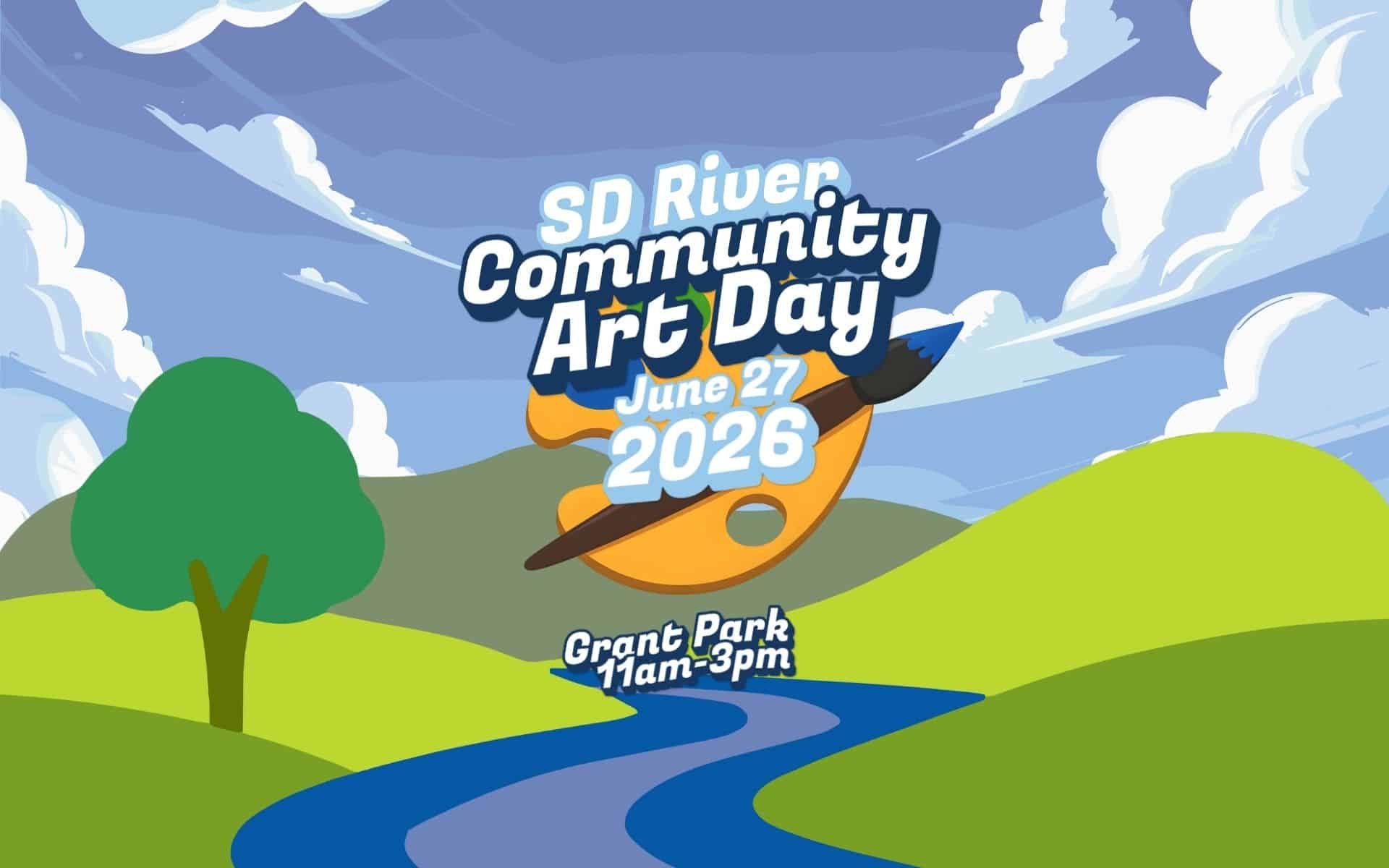 logo for sd river art day with river and tree and pain brushes