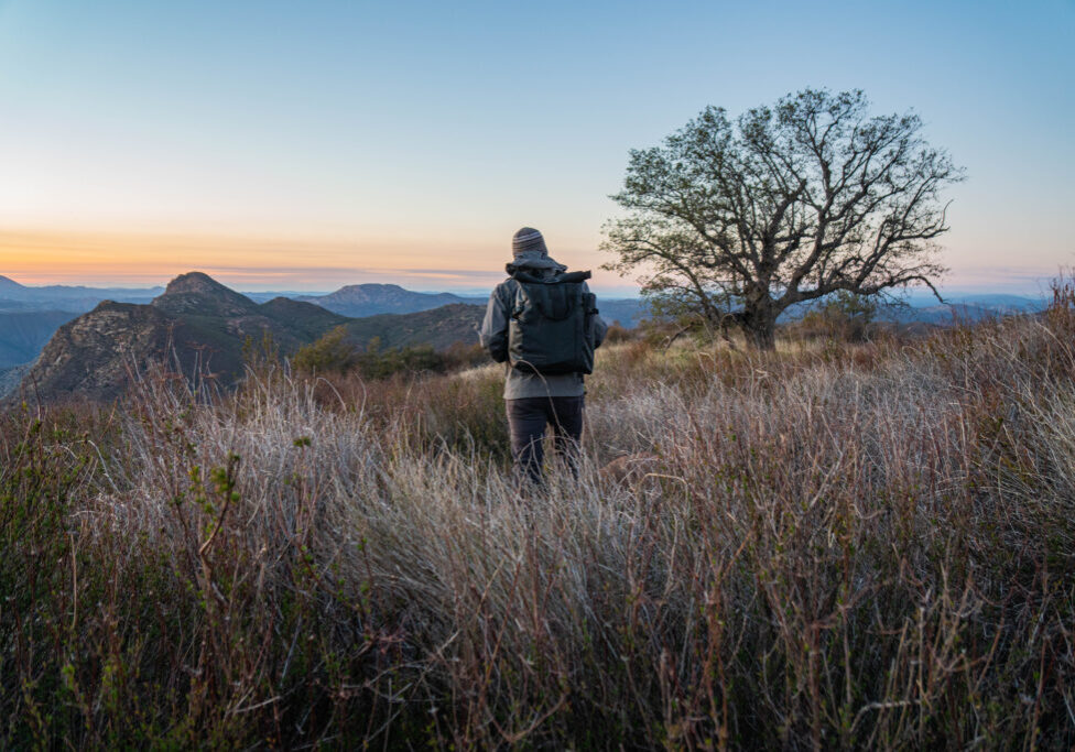 Lillian Hill - Cuyamaca Cooridor A hiker is seen from behind as they walk through tall grass with mountains in the distance