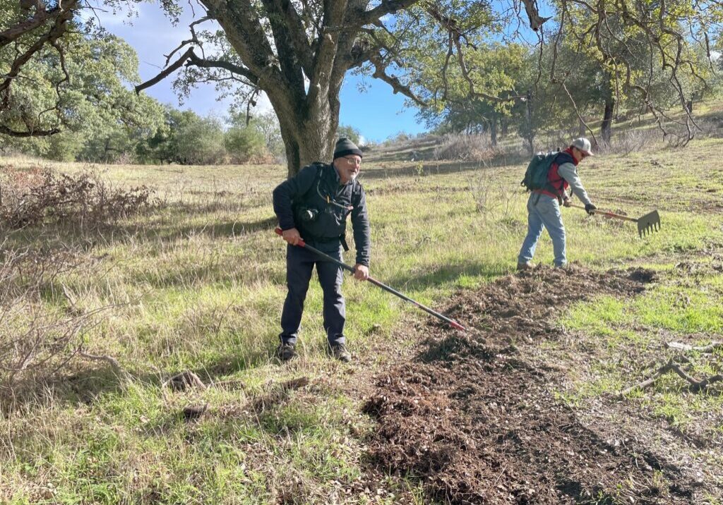 Two men work with rakes to take care of and preserve the land along the San Diego River